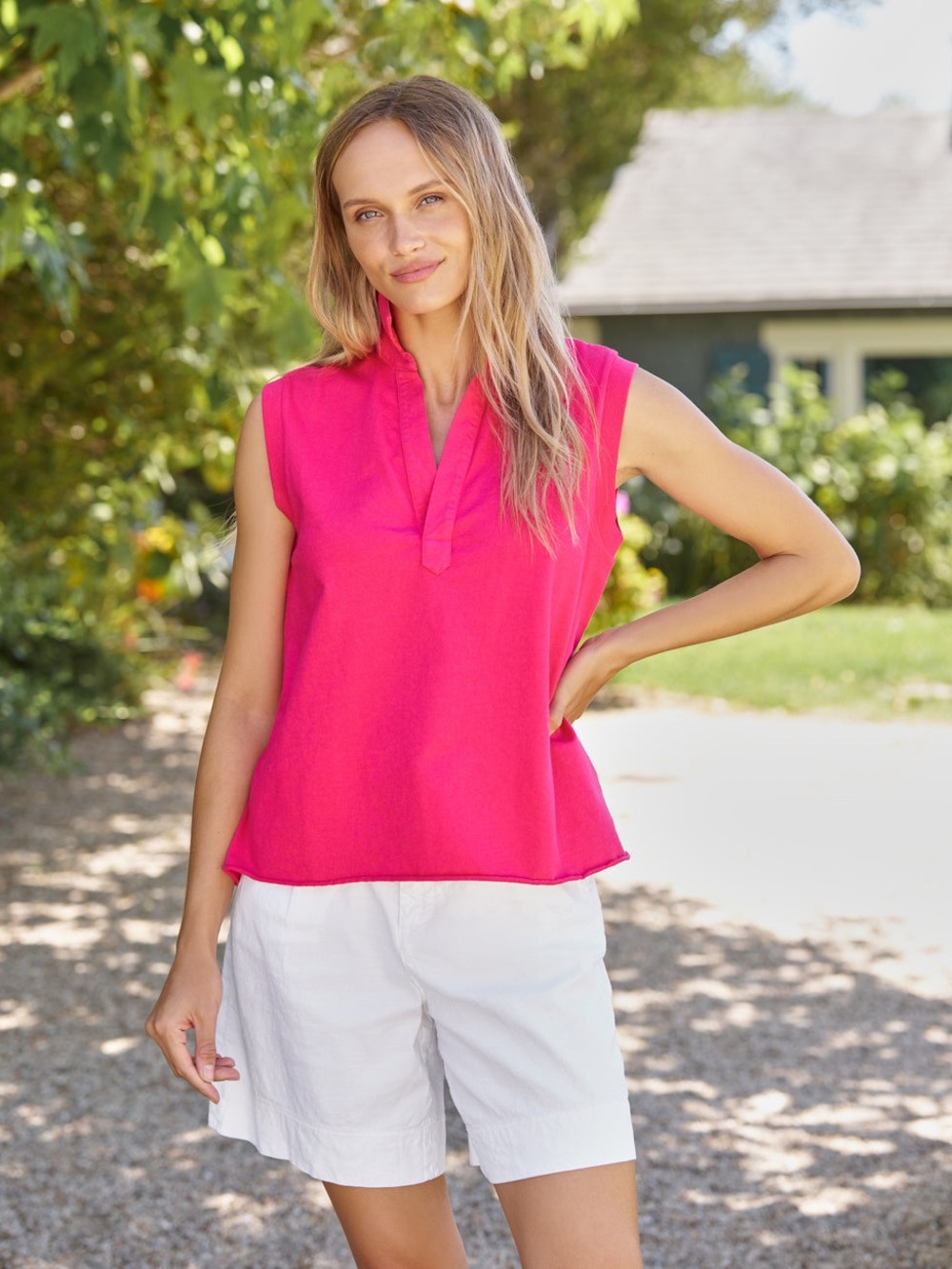 Frank & Eileen OLIVIA Popover Henley Tank collar v neck Pink Sleeveless Polo Top